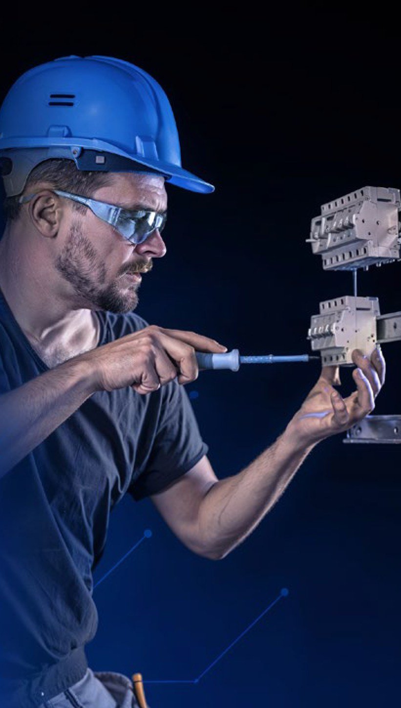 Elettricista con casco blu fissa interruttori modulari su guida DIN