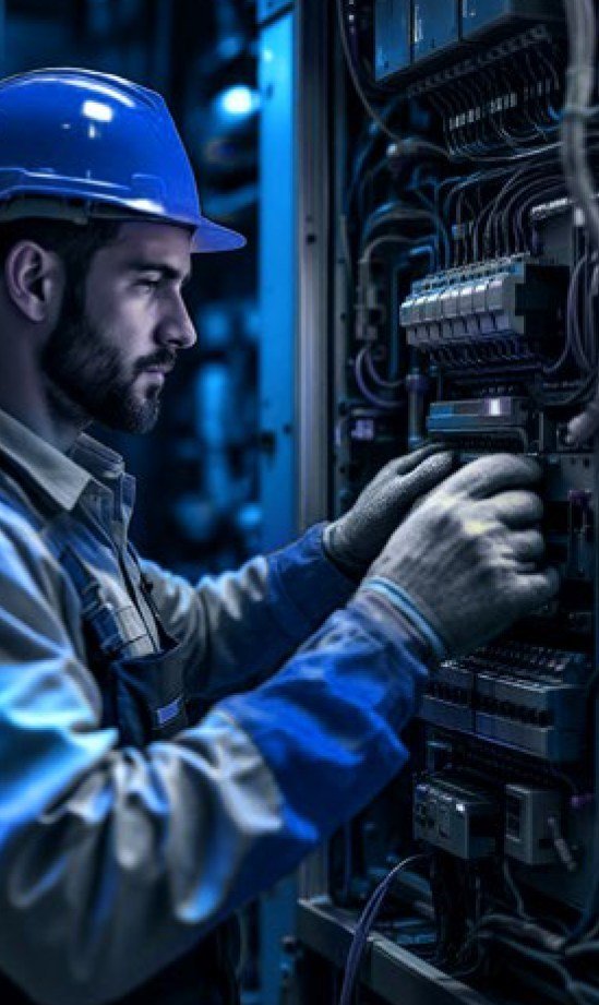Tecnico con casco al lavoro su un quadro di controllo